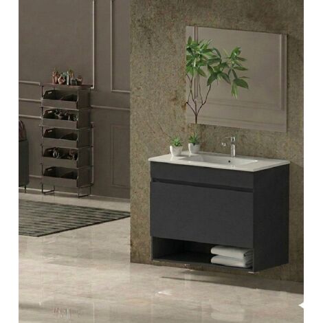 Ensemble Meuble de salle de bain NEBARI Livré Monté 1 tiroir, lavabo et miroir Graphite 120x45 cm double vasque (1/3)