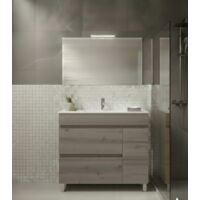 Ensemble Meuble de salle de bain FENRIR Livré Monté 2 tiroirs et porte avec pieds, lavabo et miroir Chêne fumé 100x45 cm