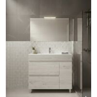 Ensemble Meuble de salle de bain FENRIR Livré Monté 2 tiroirs et porte avec pieds, lavabo et miroir Blanc nordique 120x45 cm 1 vasque