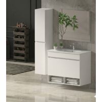 Ensemble Meuble de salle de bain NEBARI Livré Monté 1 tiroir, lavabo et miroir Blanc brillant 120x45 cm double vasque avec colonne