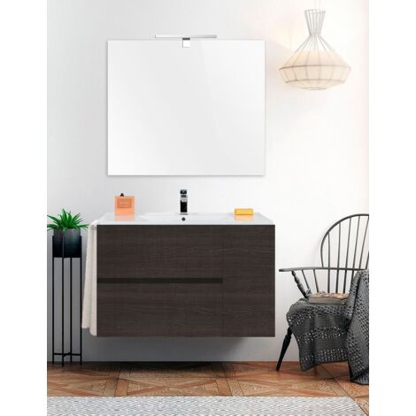 Set da bagno sospeso Itaca - 2 cassetti e una porta - 7 colori diversi - 15 misure - Include mobile, lavabo e specchio - Rovere Sinatra 90x45Cm