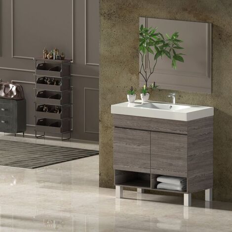 Set da bagno NEBARI con gambe - 7 colori diversi - 15 misure - 2 ante o un cassetto a scelta - Include mobile, lavabo e specchio Rovere Smoky 70x45Cm