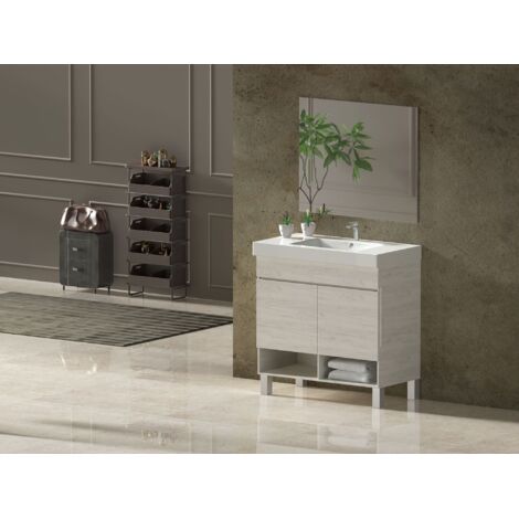 Set da bagno NEBARI con gambe - 7 colori diversi - 15 misure - 2 ante o un cassetto a scelta - Include mobile, lavabo e specchio Bianco Nordico 120x45Cm 2 Seni