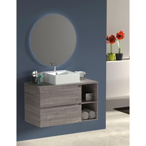 Set da bagno Zeus - 7 colori diversi e 2 misure - con mobili, specchio rotondo retroilluminato e Lavabo da appoggio 100 cm con ripiano a destra Rovere Smoky