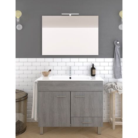 Set da bagno Samos 2 ante e un cassetto - 7 colori diversi - 15 misure - Include mobili, lavabo e specchio - Rovere Smoky 70x45Cm