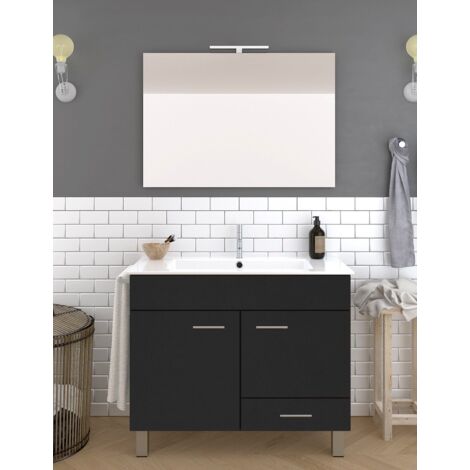 Set da bagno Samos 2 ante e un cassetto - 7 colori diversi - 15 misure - Include mobili, lavabo e specchio - Grafite 90x45Cm (1/3)