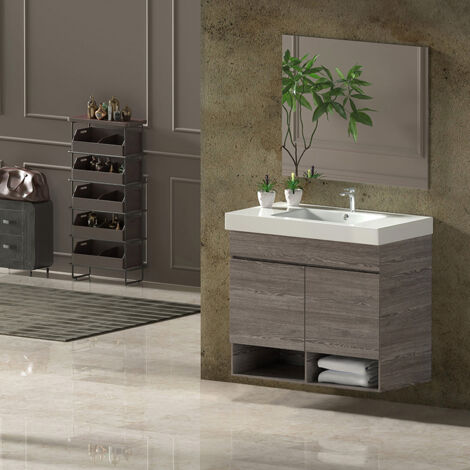 Set da bagno NEBARI - 7 colori diversi - 15 misure - 2 ante o un cassetto a scelta - Include mobile, lavabo e specchio Rovere Smoky 60x35Cm