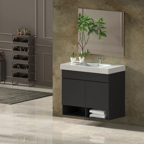 Set da bagno NEBARI - 7 colori diversi - 15 misure - 2 ante o un cassetto a scelta - Include mobile, lavabo e specchio Grafite 100x45Cm