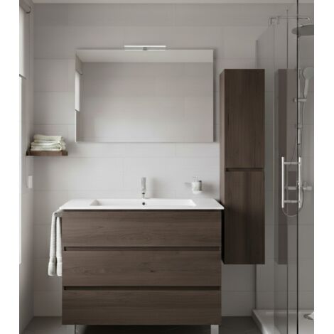 Mobile Bagno BALDER Già Montato 3 cassetti con piedini, lavabo e specchio Frassino tea 80x45 cm con colonna