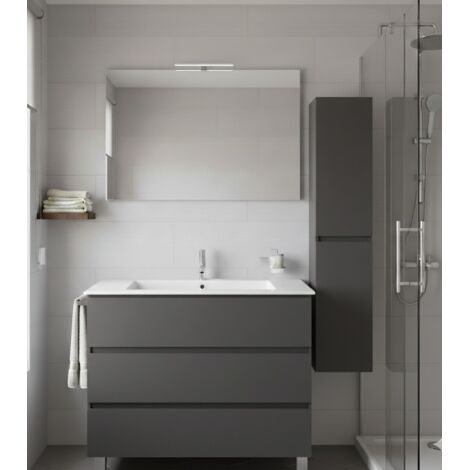 Mobile Bagno BALDER Già Montato 3 cassetti con piedini, lavabo e specchio Grafite 100x45 cm con colonna