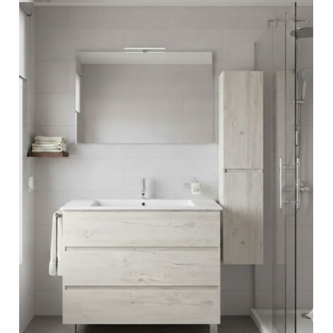 Mobile Bagno BALDER Già Montato 3 cassetti con piedini, lavabo e specchio Bianco nordico 120x45 cm doppio lavabo con colonna
