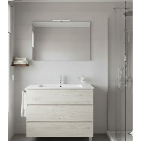 Mobile Bagno BALDER Già Montato 3 cassetti con piedini, lavabo e specchio Bianco nordico 120x45 cm doppio lavabo