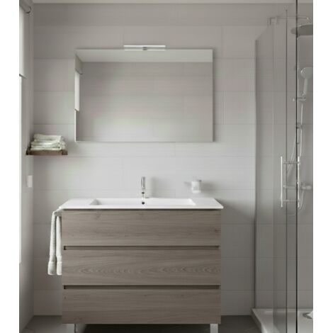 Mobile Bagno BALDER Già Montato 3 cassetti con piedini, lavabo e specchio Rovere affumicato 80x45 cm