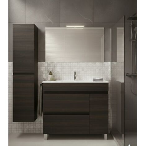 Mobile Bagno FENRIR Già Montato 2 cassetti e porta con piedini, lavabo e specchio Frassino tea 90x40 cm con colonna