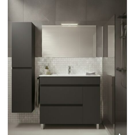 Mobile Bagno FENRIR Già Montato 2 cassetti e porta con piedini, lavabo e specchio Grafite 60x45 cm con colonna