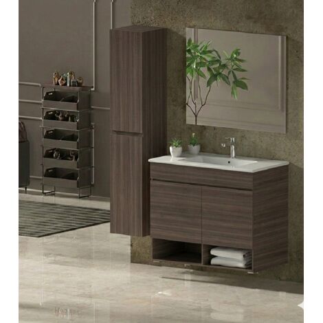 Mobile Bagno NEBARI Già Montato 2 portas, lavabo e specchio Frassino tea 100x40 cm con colonna (1/2)