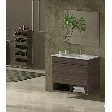 Mobile Bagno NEBARI Già Montato 2 portas, lavabo e specchio Frassino tea 70x40 cm (1/2)