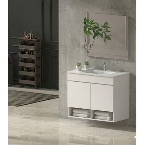 Mobile Bagno NEBARI Già Montato 2 portas, lavabo e specchio Bianco lucido 90x40 cm (1/2)