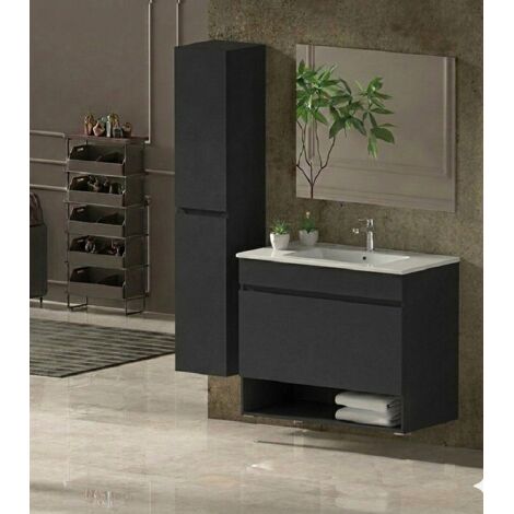 Mobile Bagno NEBARI Già Montato 1 cassetto, lavabo e specchio Grafite 70x40 cm con colonna (1/3)