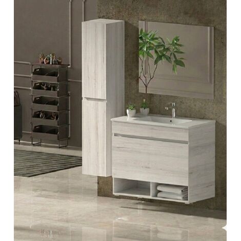 Mobile Bagno NEBARI Già Montato 1 cassetto, lavabo e specchio Bianco nordico 120x45 cm doppio lavabo con colonna (1/3)