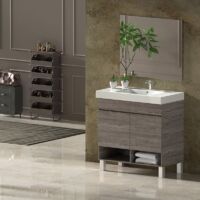 Set da bagno NEBARI con gambe - 7 colori diversi - 15 misure - 2 ante o un cassetto a scelta - Include mobile, lavabo e specchio Rovere Smoky 100x40Cm