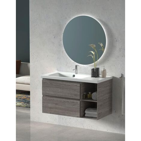 Zeus Badezimmer-Set mit 7 Farben (siehe 3. Bild) 90 cm - mit Möbel, rundem Spiegel mit Hintergrundbeleuchtung Glänzend Weiß