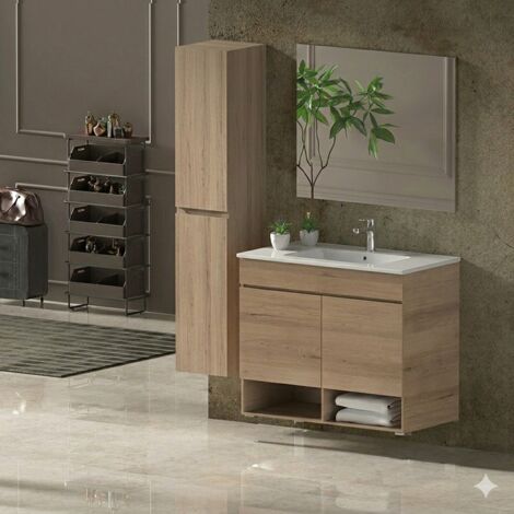 Badmöbel Set NEBARI Vormontiert 2 türen, Waschbecken und Spiegel Estepa 70x40 cm mit Hochschrank (1/2)