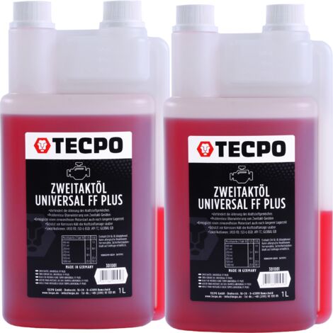 TECPO Zweitaktöl Universal 2-Takt FF Plus 2 Liter, teilsynthetisch, mit Fuel Fresh, für Gemisch & Getrenntschmierung, ideal für Motorsäge, Rasenmäher, Mofa, JASO FD, ISO-L-EGD, API TC, 1:50 mischbar