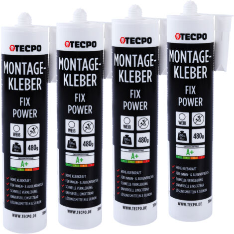 TECPO Montagekleber Fix Power, 4x 480g Universal Baukleber Kartuschen Kraftkleber 200kg 10 cm² für Akustikpaneele, Styropor, Sockelleite Innen und Außen schnelle Verklebung ohne Grundierung (1/5)