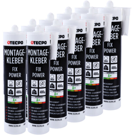 TECPO Montagekleber Fix Power, 10x 480g Universal Baukleber Kartuschen Kraftkleber 200kg 10 cm² für Akustikpaneele, Styropor, Sockelleite Innen und Außen schnelle Verklebung ohne Grundierung (1/5)