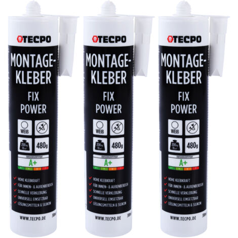 TECPO Montagekleber Fix Power, 3x 480g Universal Baukleber Kartuschen Kraftkleber 200kg 10 cm² für Akustikpaneele, Styropor, Sockelleite Innen und Außen schnelle Verklebung ohne Grundierung (1/5)
