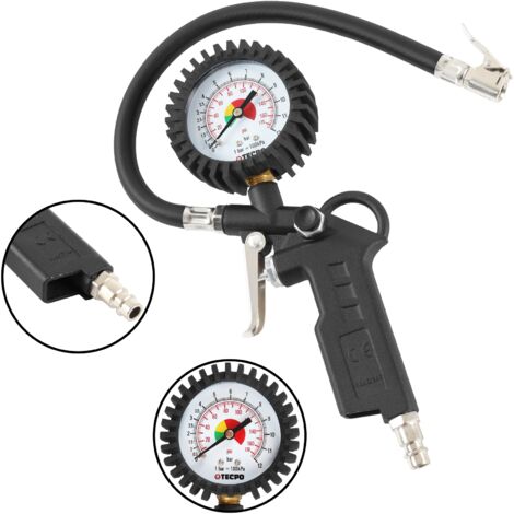 TECPO Druckluft Reifenfüllpistole, 0-12 bar / 0-170 PSI, präzises Manometer Ø 75 mm, 350 mm Schlauch, ergonomischer Abzugshebel, 1/4" Anschluss, robuste Bauweise für Werkstatt & Hobby Einsatz