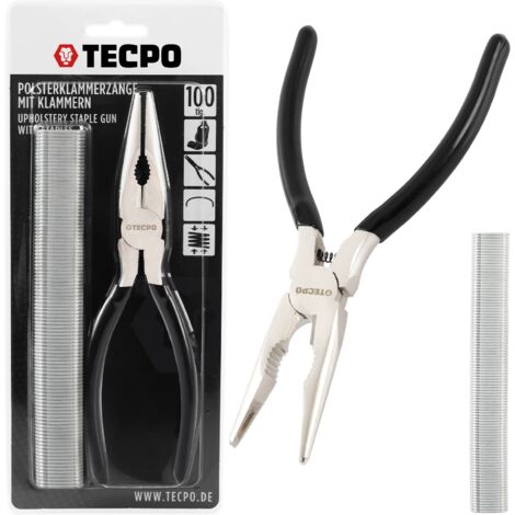 TECPO Polsterklammerzange Set, 8 Zoll inkl. 100 Carbonstahl-Klammern 23 mm, Spezialzange für Sitzbezug-Reparaturen & Sitzheizungen, mit Einkerbungen & Federmechanik für präzise Fixierung