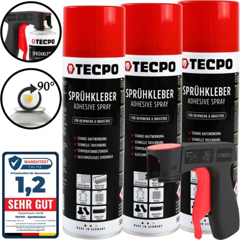 TECPO 3x Sprühkleber 500ml, Industriekleber, Stark haftend, Schnelle Trocknung, Hohe Temperaturbeständigkeit, Vielseitig für Textilien, Leder, Schaumstoffe, Dämmmaterialien, PVC, Papier + Sprühpistole