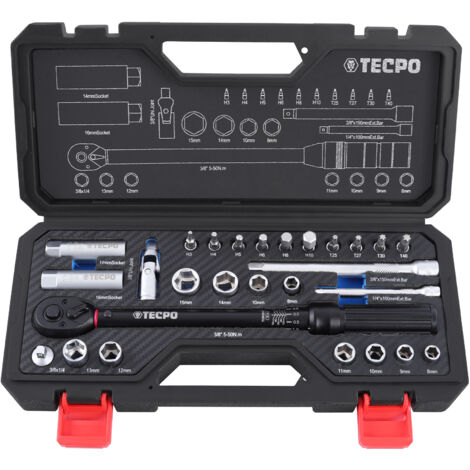 TECPO Drehmomentschlüssel 27-teiliges Set 3/8 Zoll 5-50 Nm feinverzahnt 72 Zähne ±3% mit Adapter, Stecknuss, Verlängerung, Bit und Kardangelenk für Fahrrad Motorrad Zündkerzenwechsel