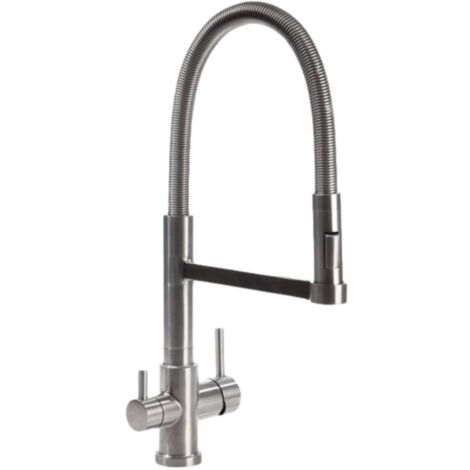 Robinet de cuisine mitigeur 3 voies – Acier inoxydable chromé – Douchette extensible – Col de cygne orientable 360° – Compatible osmose inverse – Ionfilter (1/5)