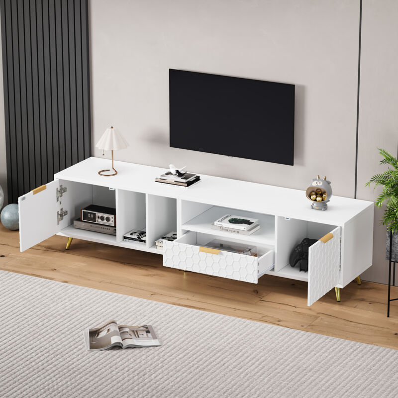 LINKHOO Meuble TV Blanc Moderne 180cm - Armoire TV Pour Écrans Jusqu'à 80 Pouces Avec Portes Motif Et Gestion Câbles