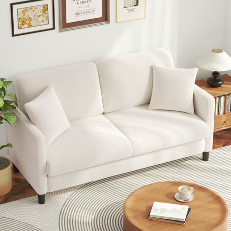 Keepbuying – Canapé droit 2 places en velours teddy – Confort en bois massif – Dimensions 165 x 78 x 89 cm – Loveseat avec accoudoirs – Beige