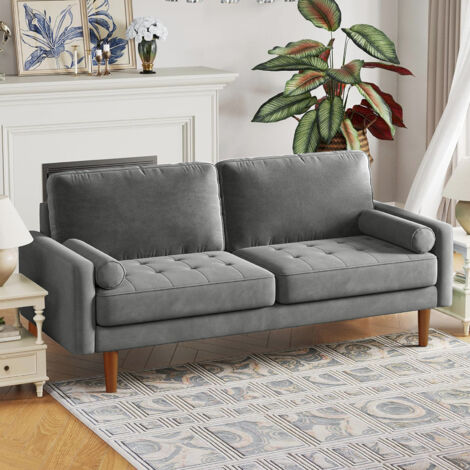 Keepbuying – Canapé droit 3 places en velours gris – Conception ergonomique avec mousse haute résilience – Pieds en bois massif – Dimensions 173L x 77l x 86H cm