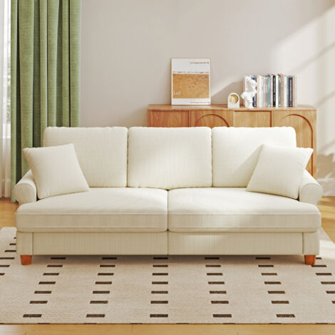 Yoleo – Canapé droit 3 places en tissu chenille 220 x 74 x 86 cm – Rembourrage en coton de soie – Accoudoirs aérodynamiques – Beige