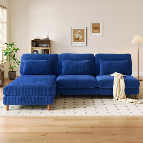 Neche – Canapé d'angle 3 places avec chaise longue en velours côtelé bleu – Pieds en noyer – 256cm x 94cm x 88cm – Design durable et élégant
