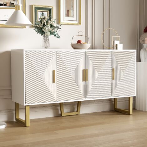 Neche – Buffet moderne 4 portes en MDF blanc – Portes texturées brillantes avec poignées dorées – Étagères réglables – 150x40x82cm