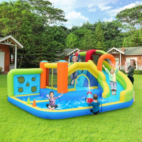 Neche – Château gonflable 410x315x203 cm avec souffleur 450W – Toboggan aquatique – Mur d'escalade – Panier de basket – Pour 4 enfants