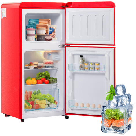 Keepbuying – Réfrigérateur 60 L deux portes – Congélateur 22 L – Classe F – 163 kWh/an – Éclairage LED – Rouge – Design vintage