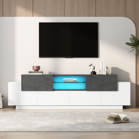 Meuble TV LED Moderne avec rangement,étagères en verre,Blanc et Gris,180 x 40 x 45cm