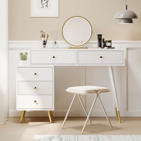 Coiffeuses avec Miroir et éclairage LED,5 Tiroirs,Armoire Latérale Réglable et Design Extensible,100x40x78cm,Blanc