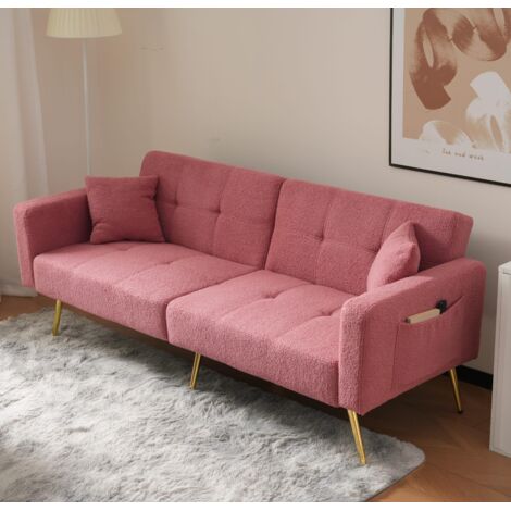 Canapé 2 Places en Peluche d’agneau,Canapé-lit pliant réglable - Pieds en métal + Poches de rangement - 2 Coussins - 175x64x72cm - Rose