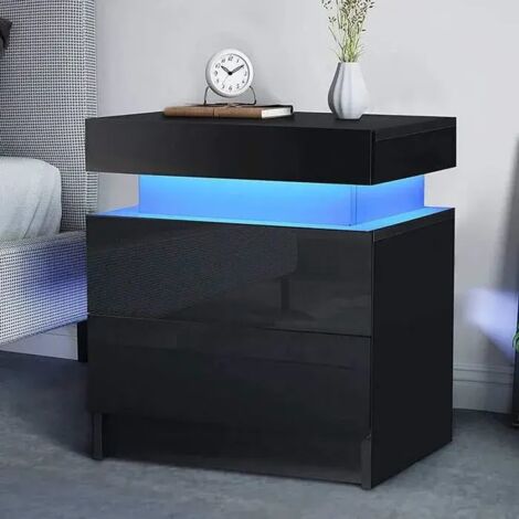 Keepbuying – Table de chevet moderne en MDF noir avec 2 tiroirs – Éclairage LED RGB intégré – Dimensions 45 x 35 x 52 cm – Meuble de rangement élégant