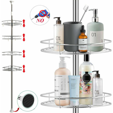 Keepbuying – Étagère d'angle de douche télescopique en acier inoxydable – Hauteur réglable 120-300 cm – 4 paniers – Installation sans outil