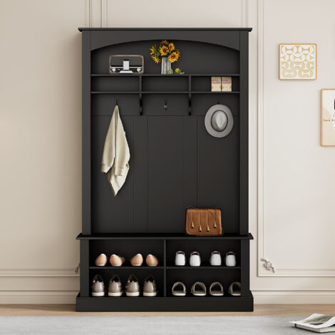 Yoleo – Ensemble de meubles d'entrée 190 cm – 3 en 1 avec porte-manteau, banc à chaussures et étagère – Noir – Panneaux de particules